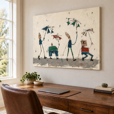 Warm Solace everyday character wall art as a frameless stretched canvas in a home office