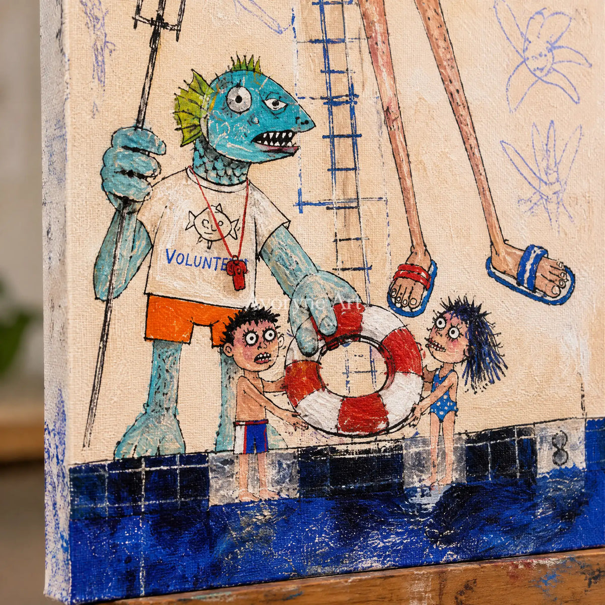 Close-up of the hand-painted texture of Clear Cadence everyday character wall art on an easel