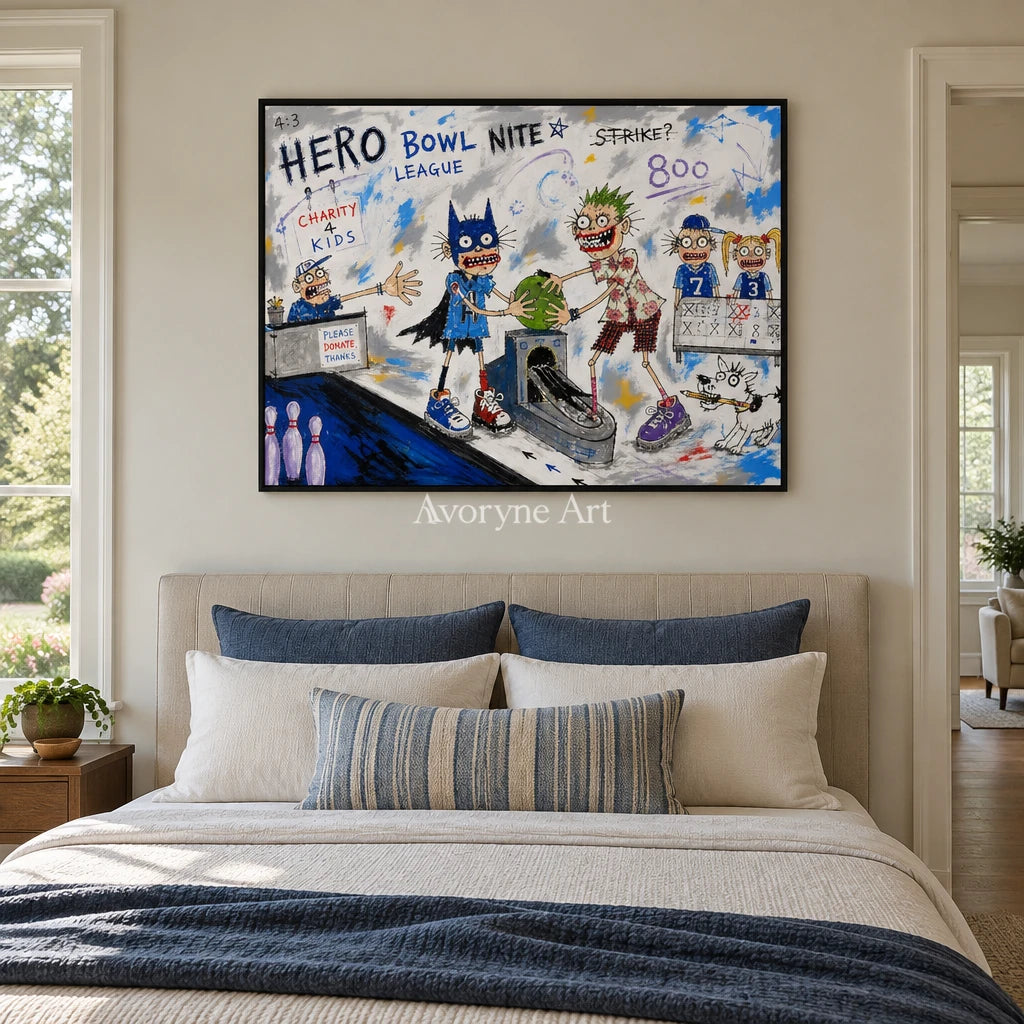 Clear Passage everyday character wall art with a black frame above a bed in a bedroom