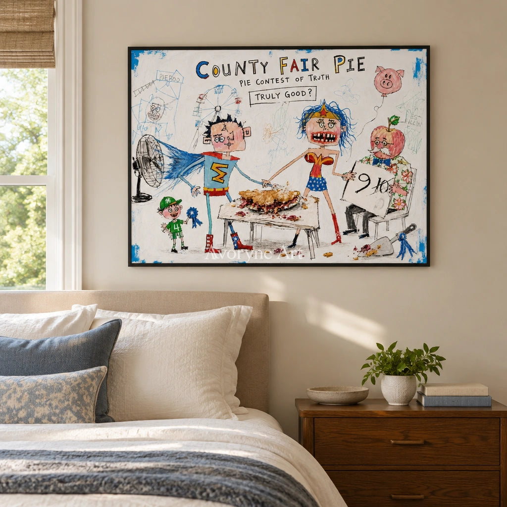 Clear Reverie everyday character wall art with a black frame above a bed in a bedroom
