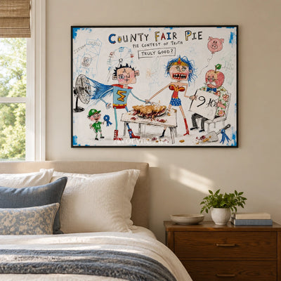 Clear Reverie everyday character wall art with a black frame above a bed in a bedroom