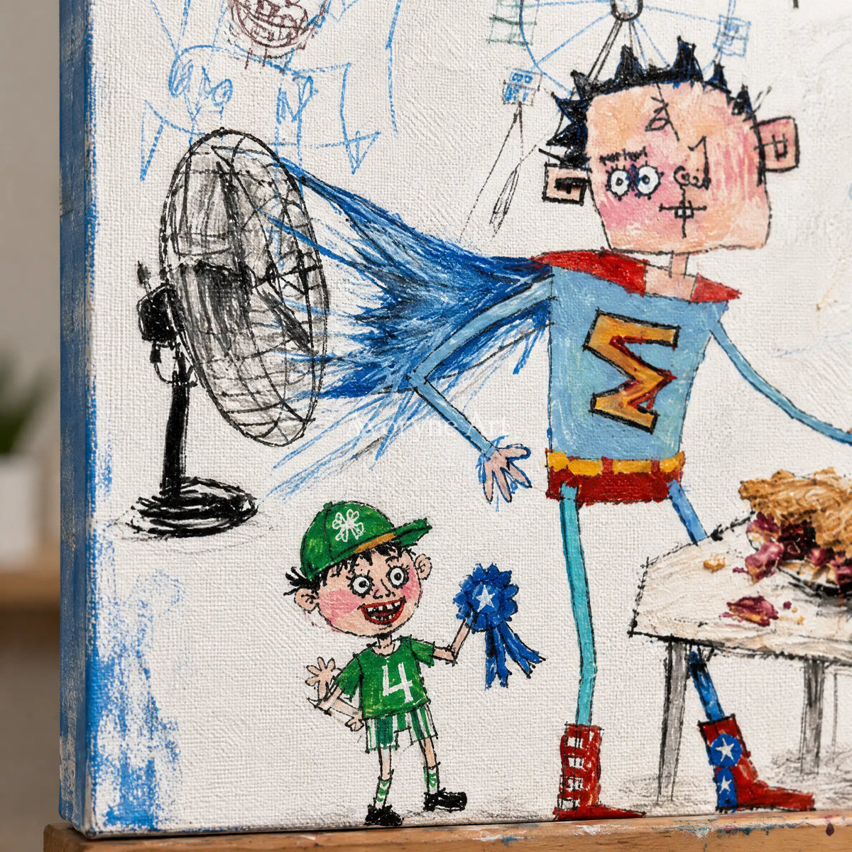 Close-up of the hand-painted texture of Clear Reverie everyday character wall art on an easel