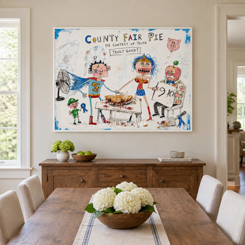 Clear Reverie everyday character wall art with a white frame in a dining room