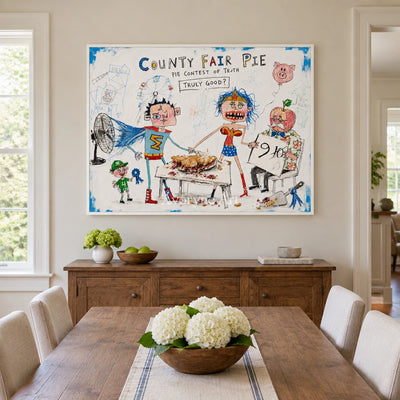 Clear Reverie everyday character wall art with a white frame in a dining room