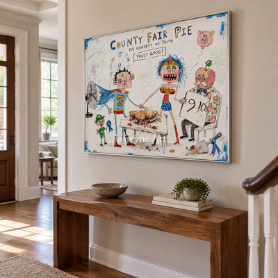 Clear Reverie everyday character wall art with a silver frame in an entryway