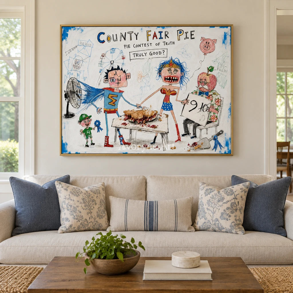 Clear Reverie everyday character wall art with a gold frame hanging in a living room