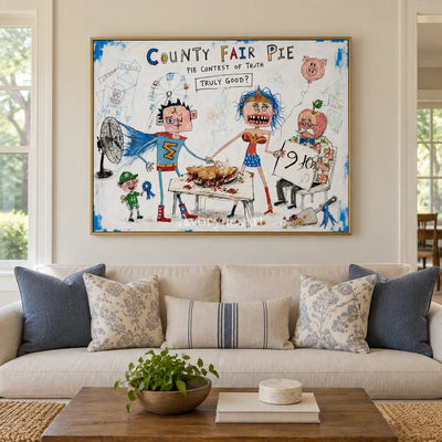 Clear Reverie everyday character wall art with a gold frame hanging in a living room