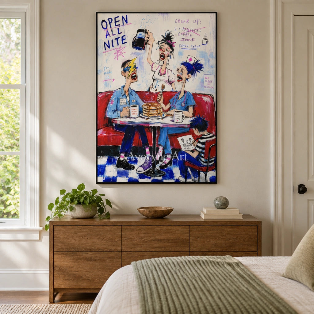 Clear Interval everyday character wall art with a black frame above a bed in a bedroom