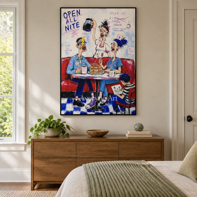 Clear Interval everyday character wall art with a black frame above a bed in a bedroom