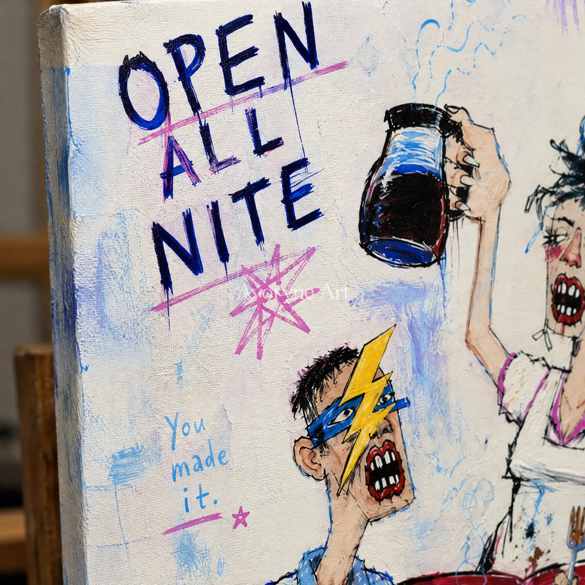Close-up of the hand-painted texture of Clear Interval everyday character wall art on an easel