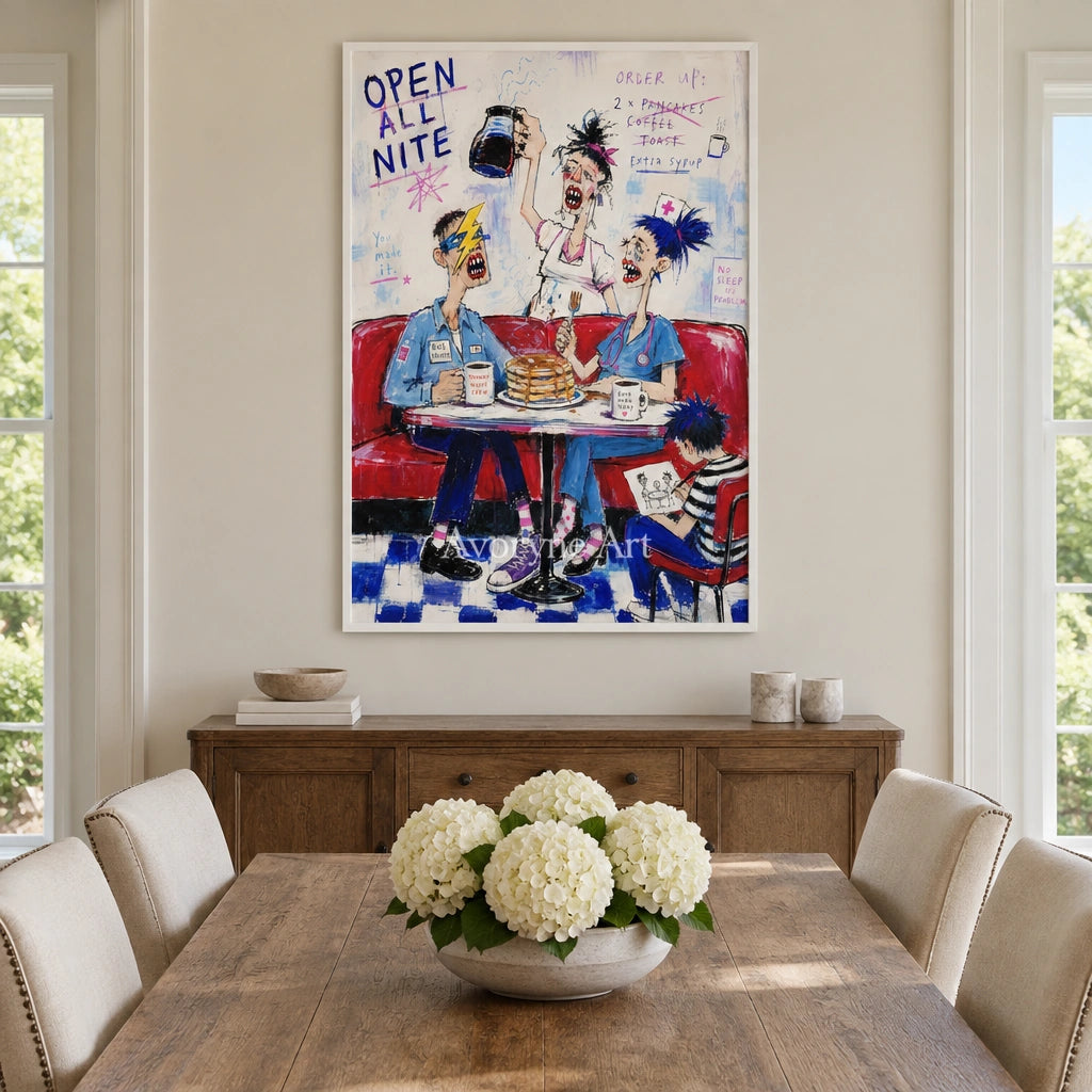 Clear Interval everyday character wall art with a white frame in a dining room