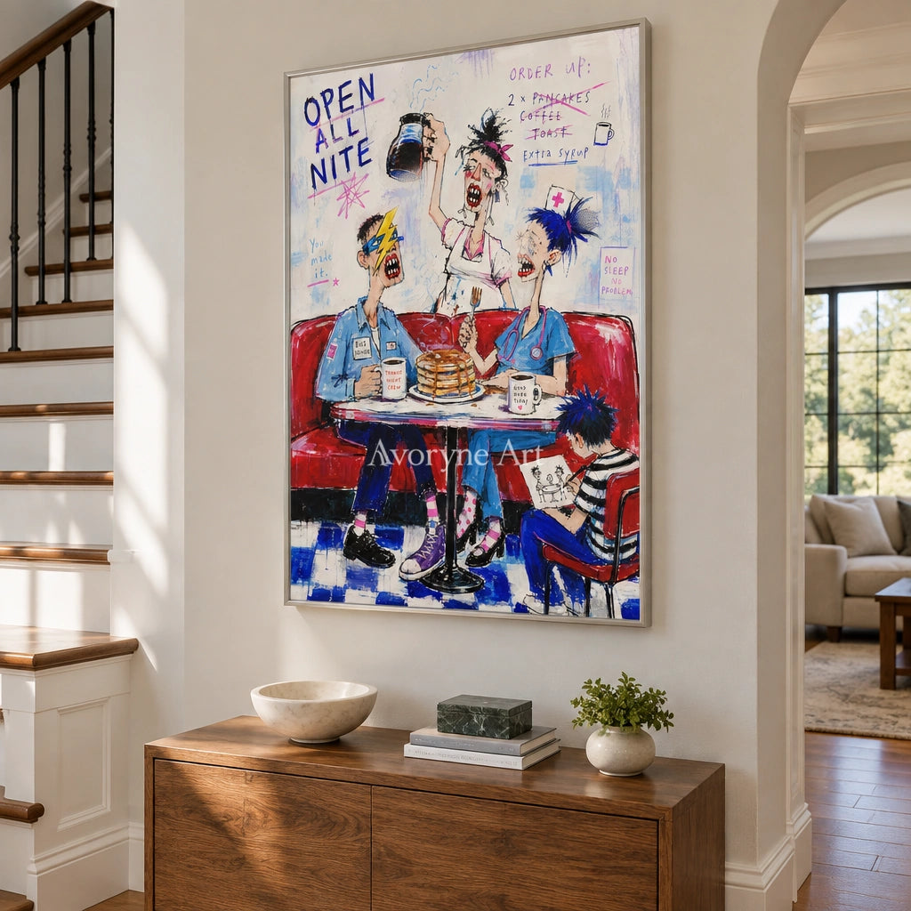 Clear Interval everyday character wall art with a silver frame in an entryway