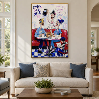 Clear Interval everyday character wall art with a gold frame hanging in a living room