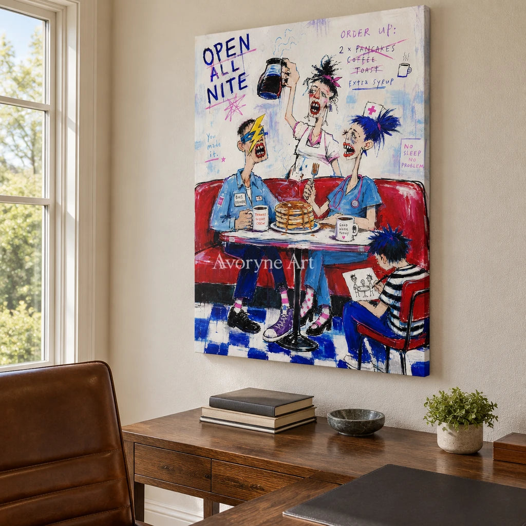 Clear Interval everyday character wall art as a frameless stretched canvas in a home office