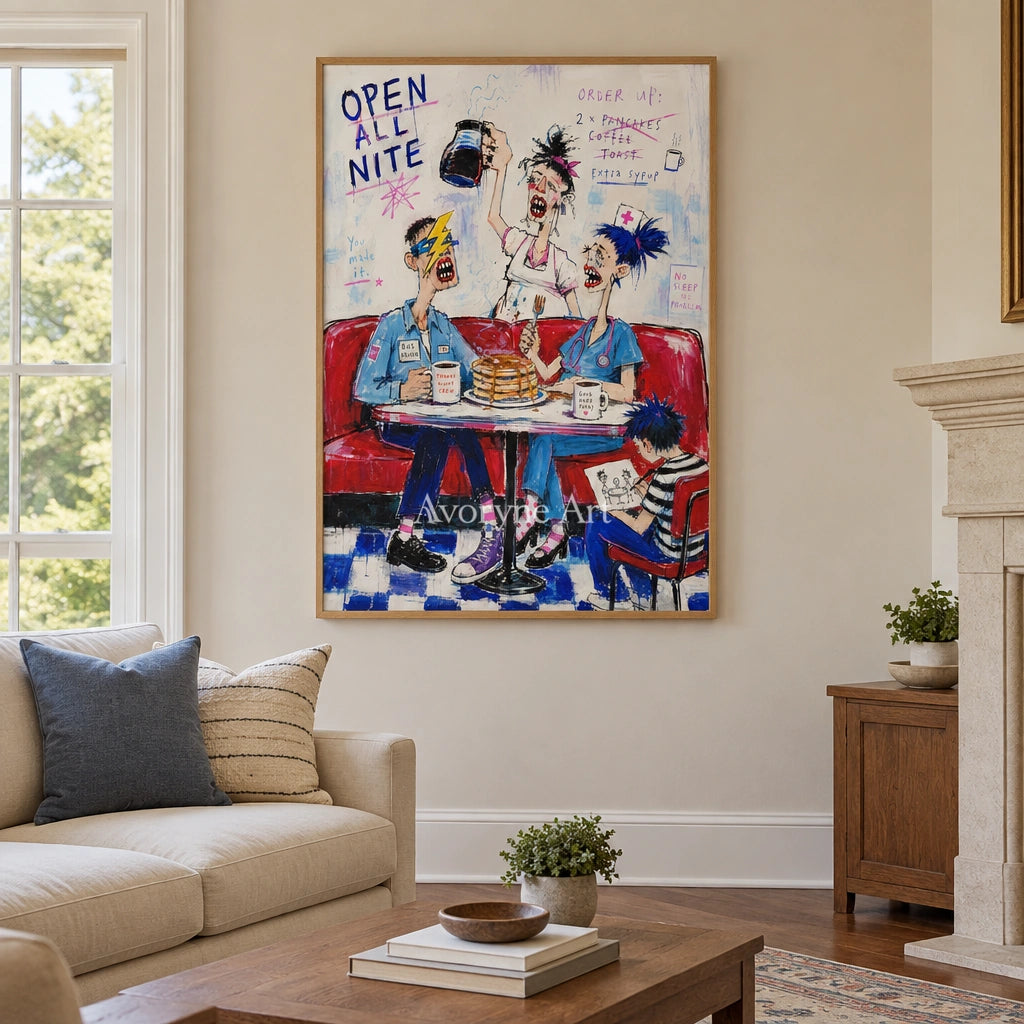 Clear Interval everyday character wall art with a wood frame in a villa living space