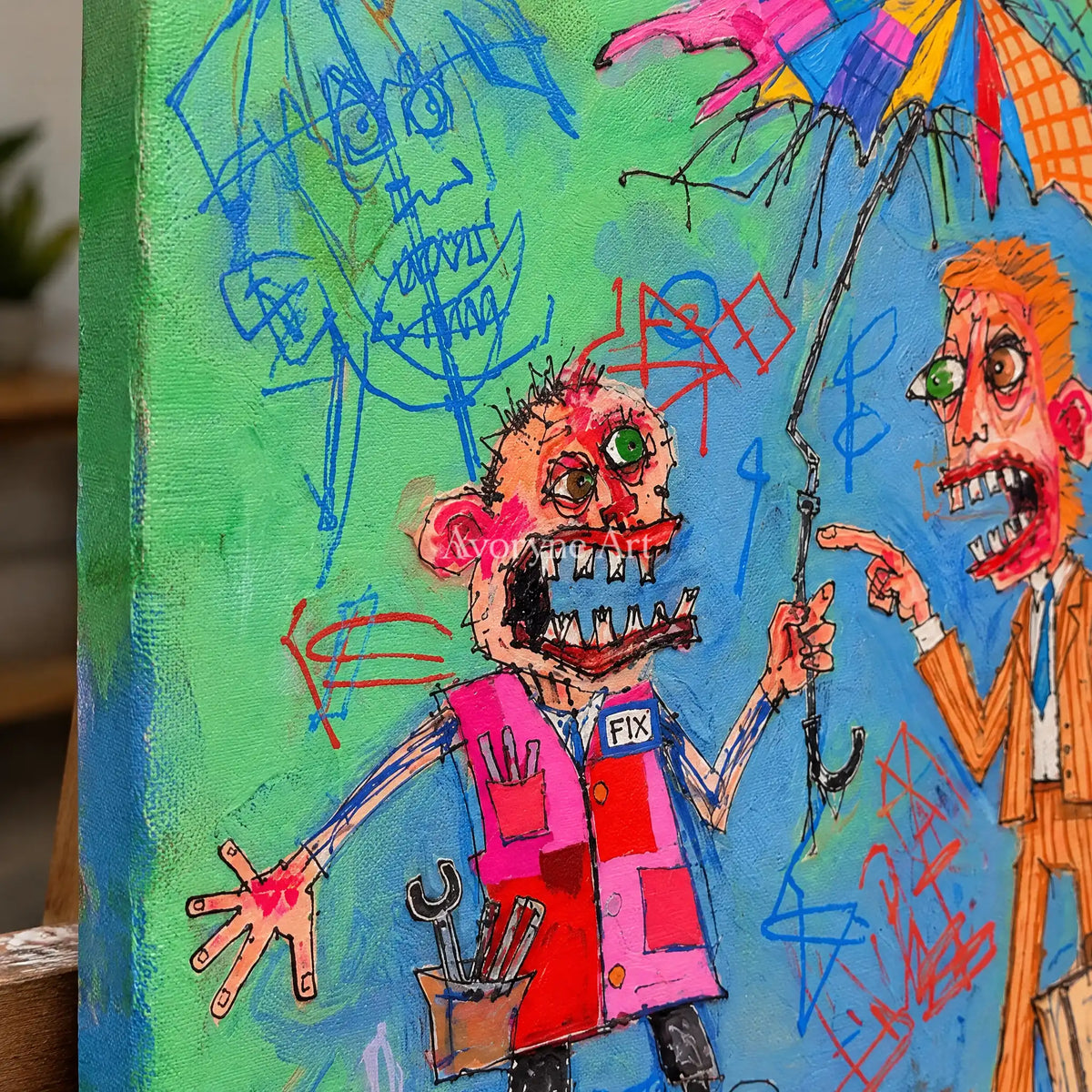 Close-up of the hand-painted texture of Clear Echo everyday character wall art on an easel