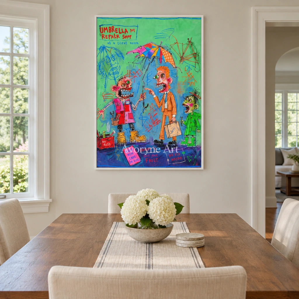 Clear Echo everyday character wall art with a white frame in a dining room
