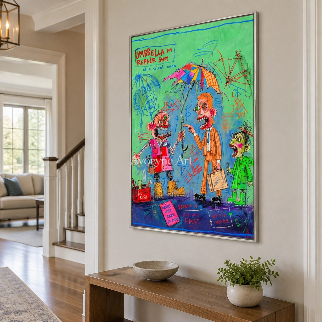 Clear Echo everyday character wall art with a silver frame in an entryway