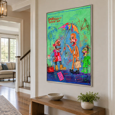 Clear Echo everyday character wall art with a silver frame in an entryway