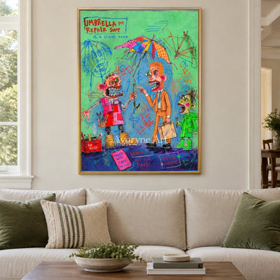 Clear Echo everyday character wall art with a gold frame hanging in a living room