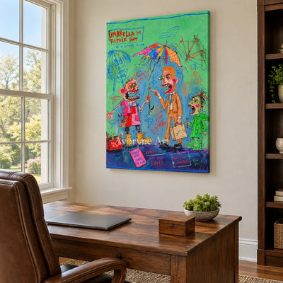Clear Echo everyday character wall art as a frameless stretched canvas in a home office