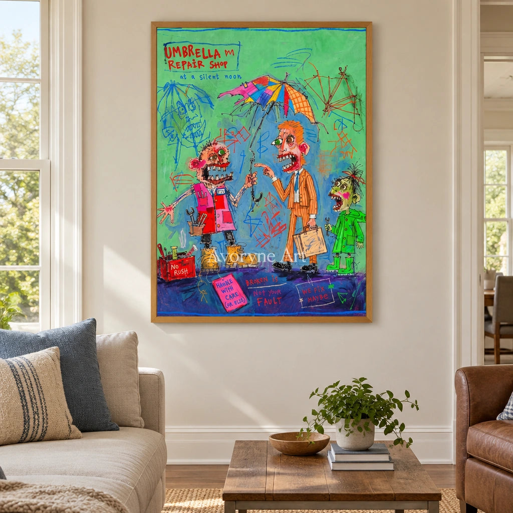 Clear Echo everyday character wall art with a wood frame in a villa living space