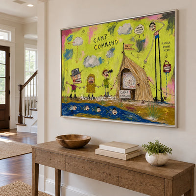 Clear Rhythm everyday character wall art with a silver frame in an entryway