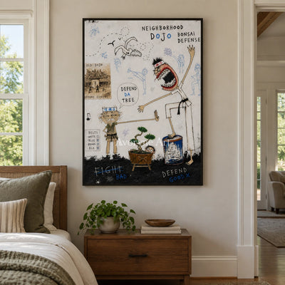 Clear Horizon everyday character wall art with a black frame above a bed in a bedroom