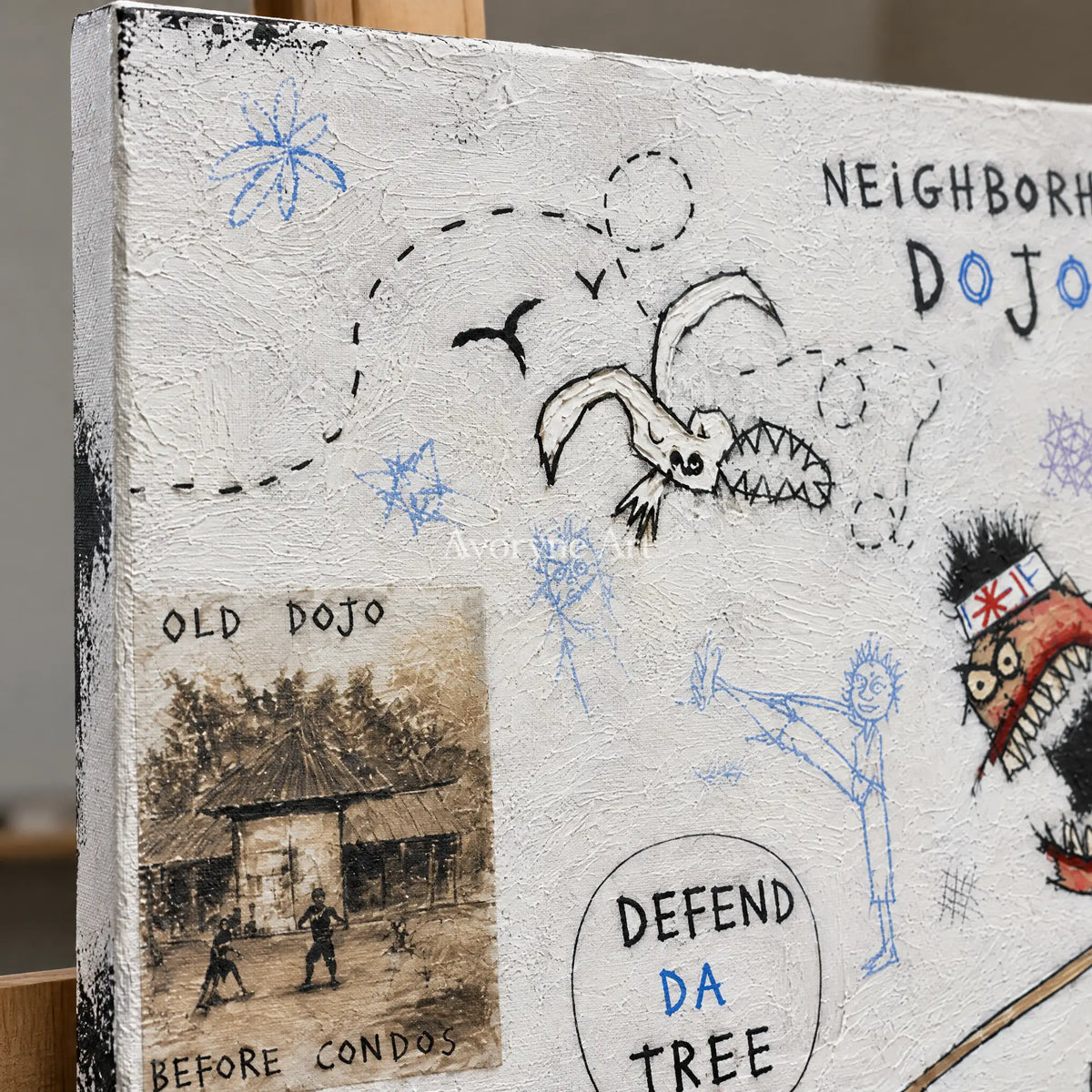 Close-up of the hand-painted texture of Clear Horizon everyday character wall art on an easel