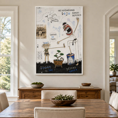 Clear Horizon everyday character wall art with a white frame in a dining room