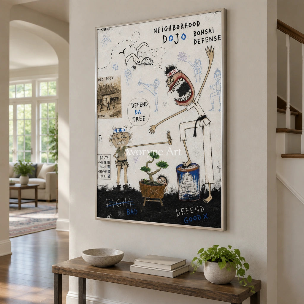 Clear Horizon everyday character wall art with a silver frame in an entryway