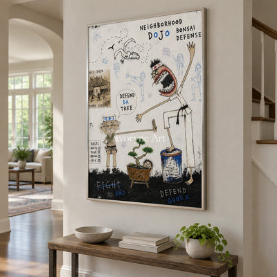 Clear Horizon everyday character wall art with a silver frame in an entryway