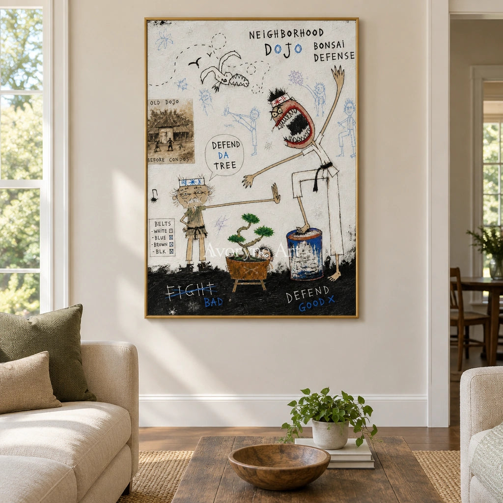 Clear Horizon everyday character wall art with a gold frame hanging in a living room