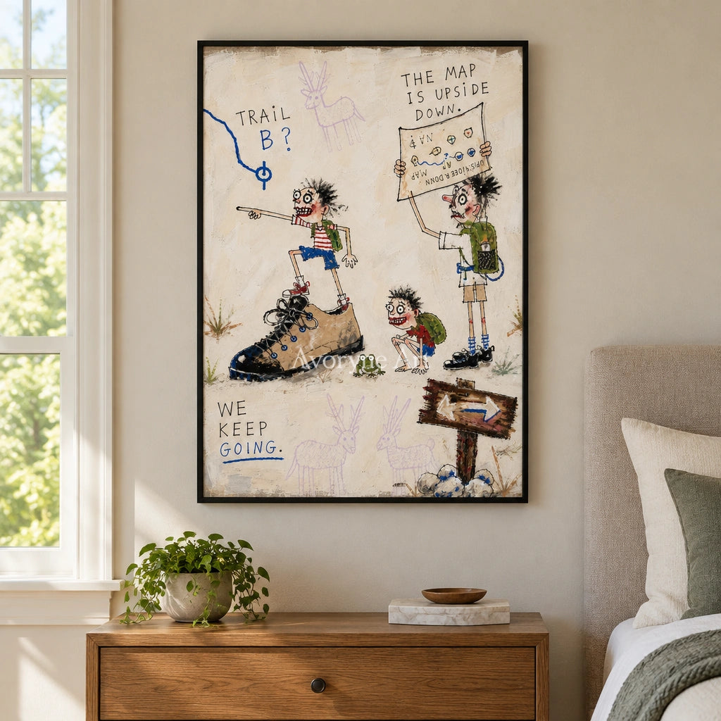 Clear Gesture everyday character wall art with a black frame above a bed in a bedroom