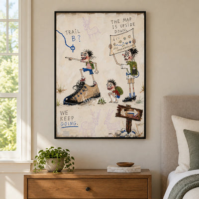 Clear Gesture everyday character wall art with a black frame above a bed in a bedroom
