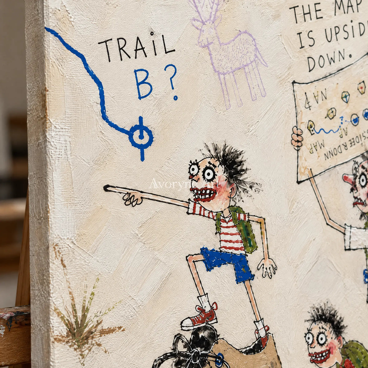 Close-up of the hand-painted texture of Clear Gesture everyday character wall art on an easel