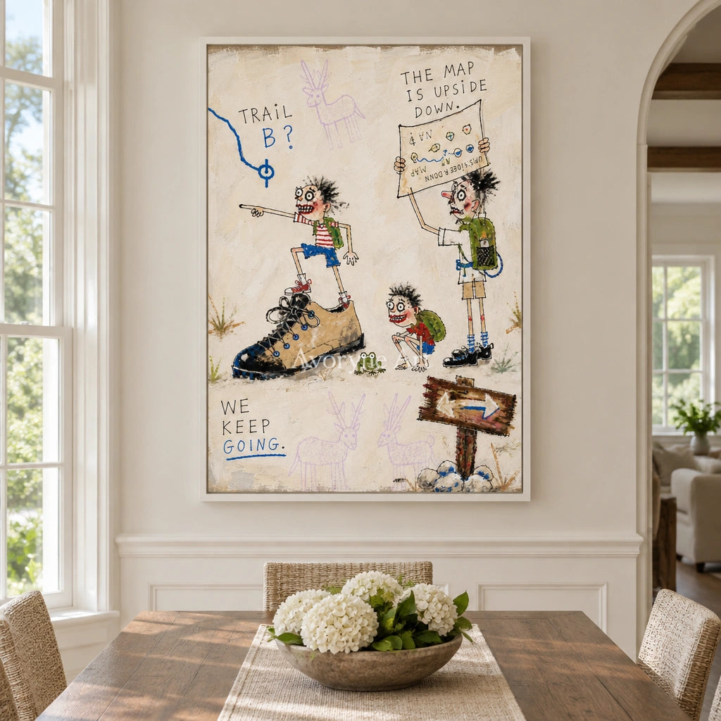 Clear Gesture everyday character wall art with a white frame in a dining room