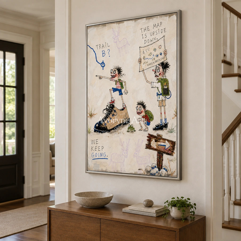 Clear Gesture everyday character wall art with a silver frame in an entryway