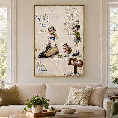 Clear Gesture everyday character wall art with a gold frame hanging in a living room