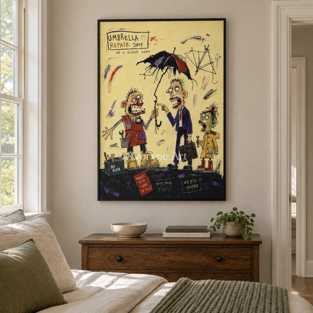 Clear Mosaic everyday character wall art with a black frame above a bed in a bedroom