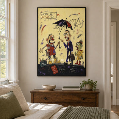 Clear Mosaic everyday character wall art with a black frame above a bed in a bedroom