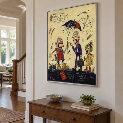 Clear Mosaic everyday character wall art with a silver frame in an entryway