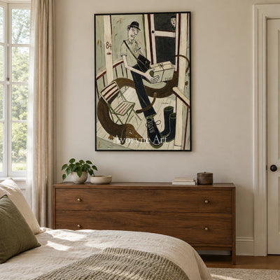 Clear Drift everyday character wall art with a black frame above a bed in a bedroom