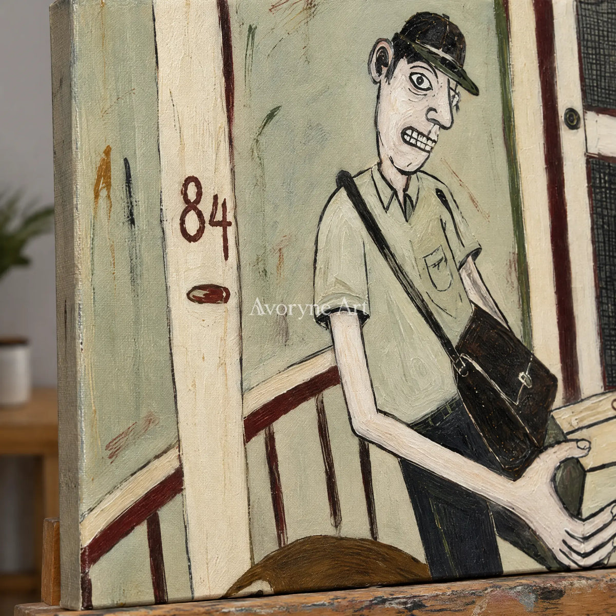 Close-up of the hand-painted texture of Clear Drift everyday character wall art on an easel
