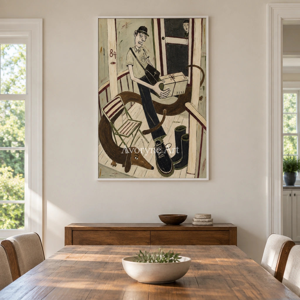 Clear Drift everyday character wall art with a white frame in a dining room