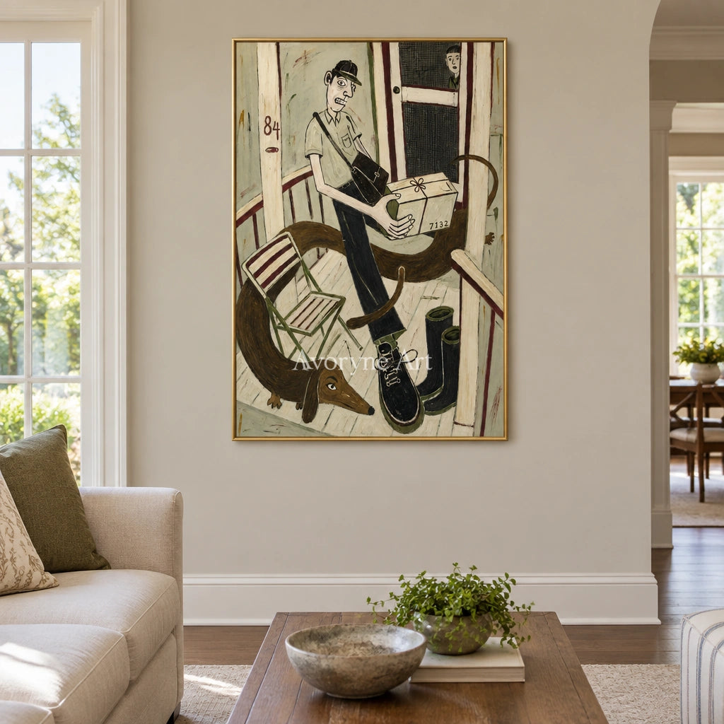 Clear Drift everyday character wall art with a gold frame hanging in a living room
