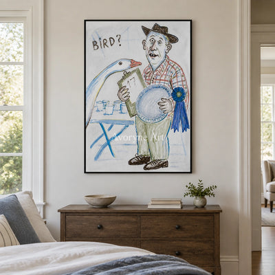Clear Verse everyday character wall art with a black frame above a bed in a bedroom