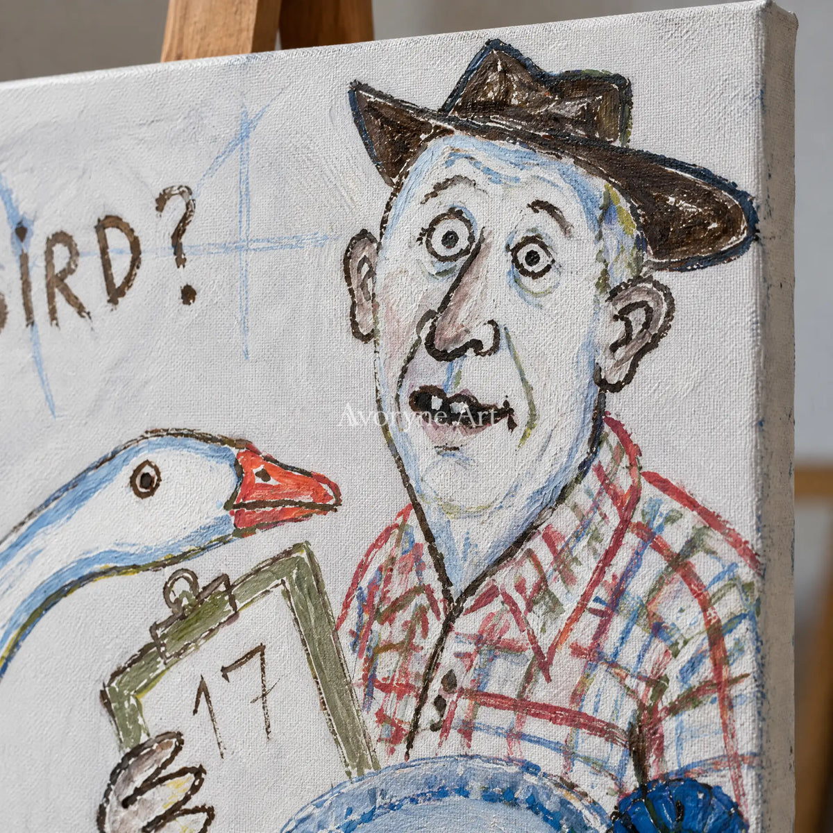 Close-up of the hand-painted texture of Clear Verse everyday character wall art on an easel