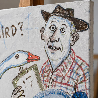 Close-up of the hand-painted texture of Clear Verse everyday character wall art on an easel