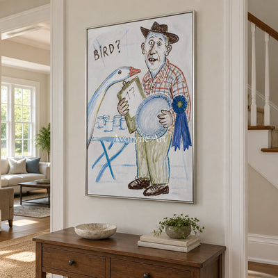 Clear Verse everyday character wall art with a silver frame in an entryway